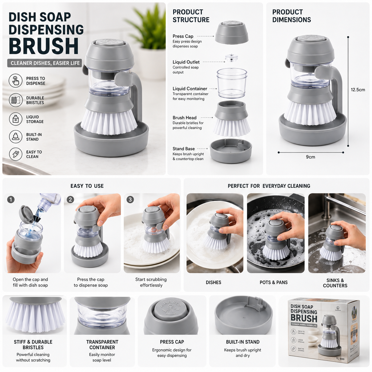 Cleaning Pot Brush with Soap Dispenser | Kitchen Scrubber